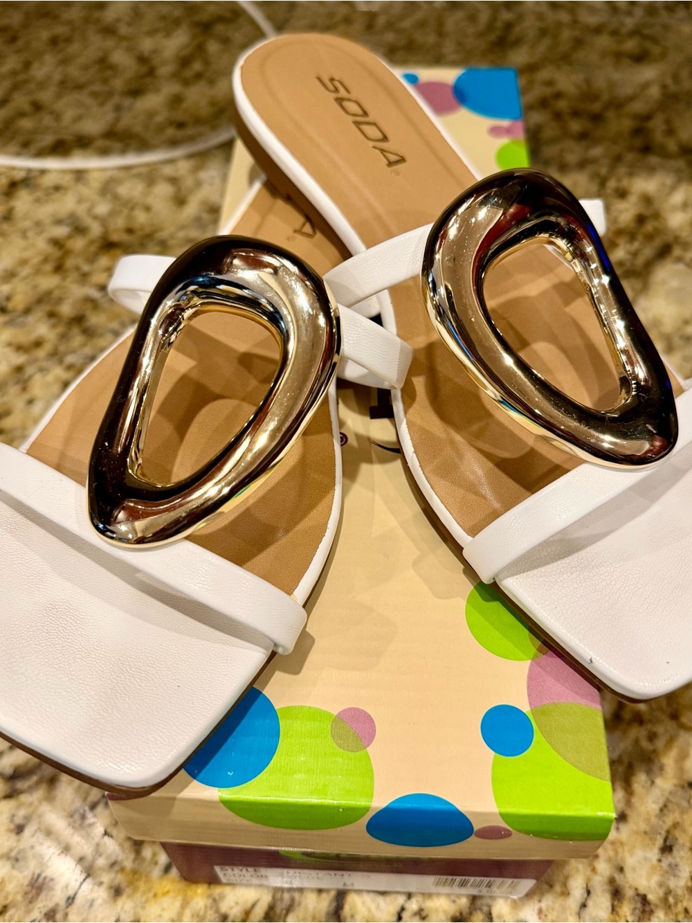 Soda White Slide Sandals with Gold Metallic Accent